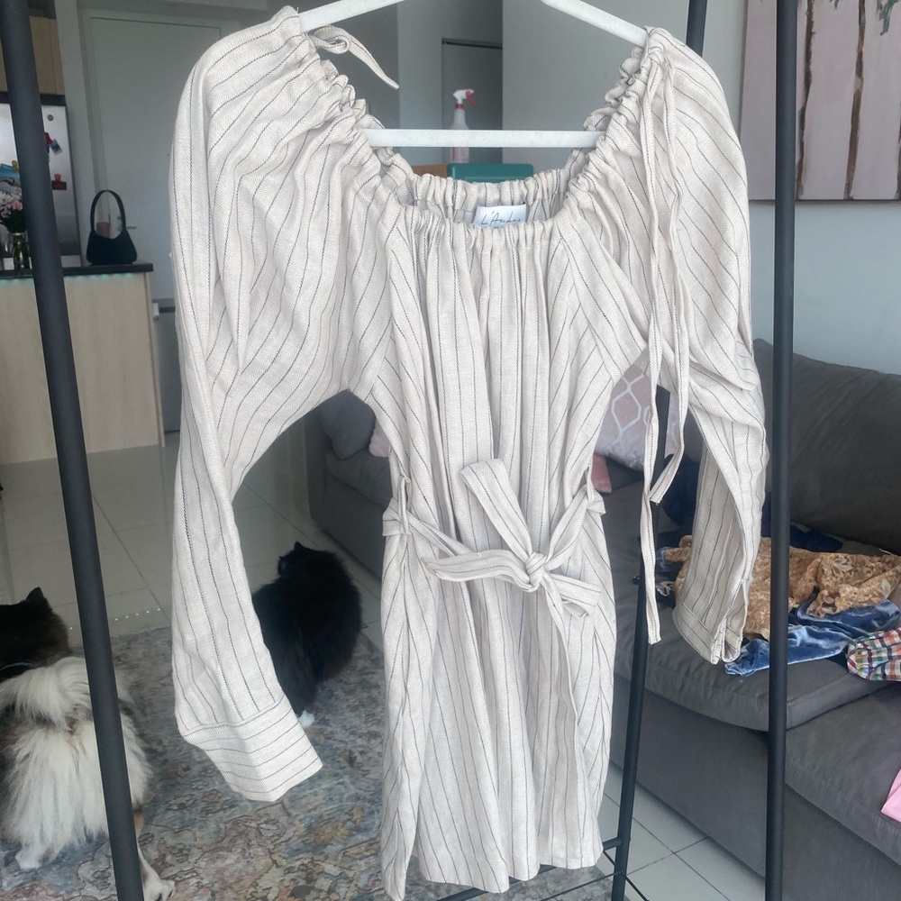 L'Academie The Celine Mini Dress in Beige & Navy Stripe - Picture 4 of 7